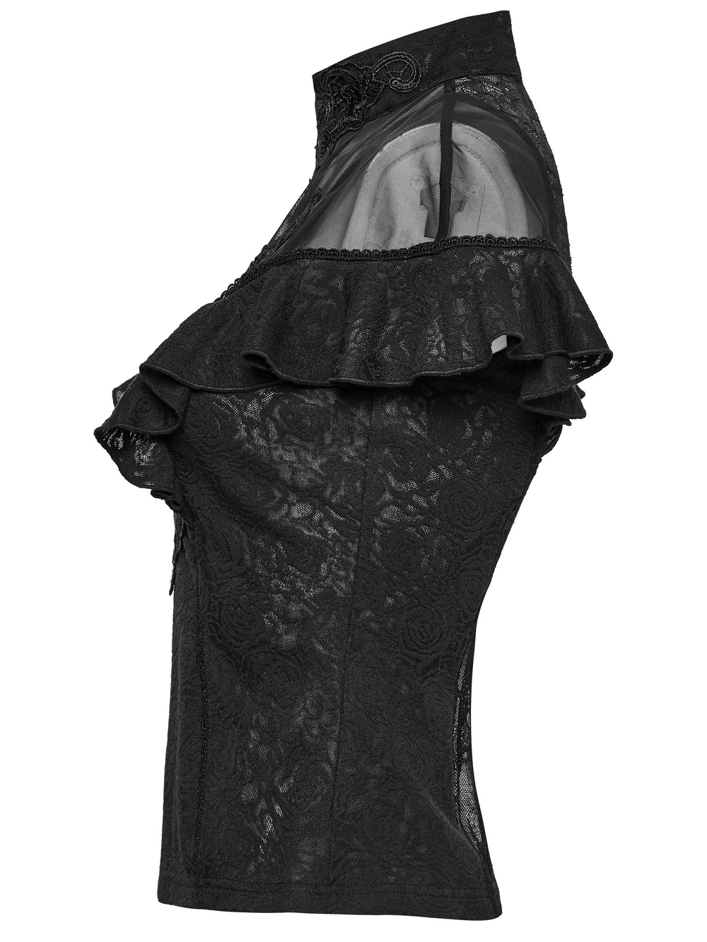 Women's gothic black lace ruffle top featuring sheer back detail and embroidered applique, perfect for statement styles.