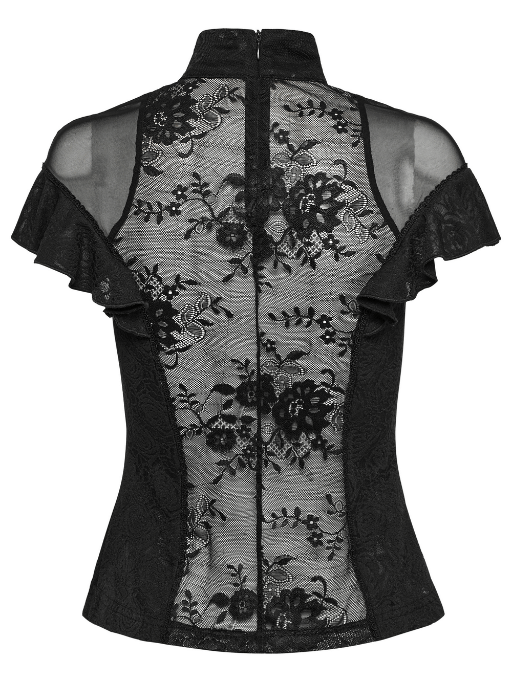 Women's black lace ruffle top with sheer floral back and embroidered applique detail, perfect for gothic outfits.