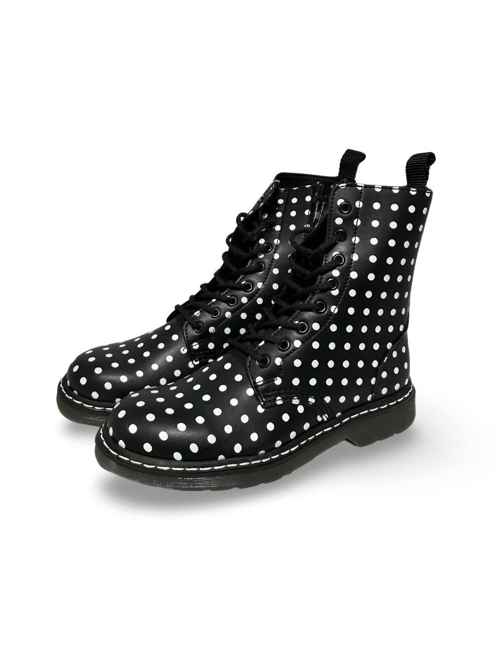 Women's Black Leather Ankle Boots in White Polka Dot