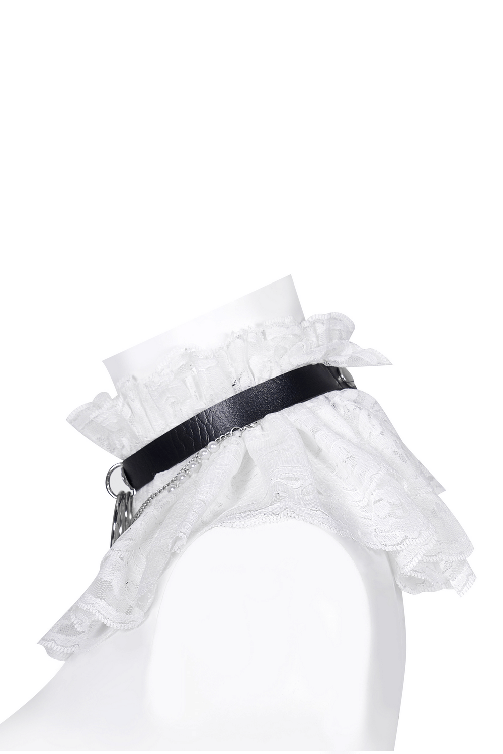 Women's Black Leather Choker with White Lace Collar