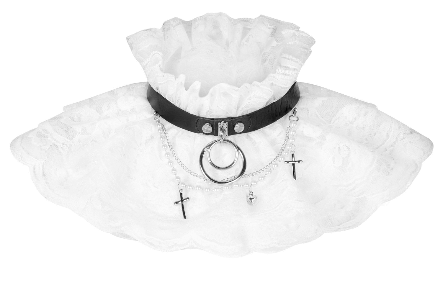 Women's Black Leather Choker with White Lace Collar