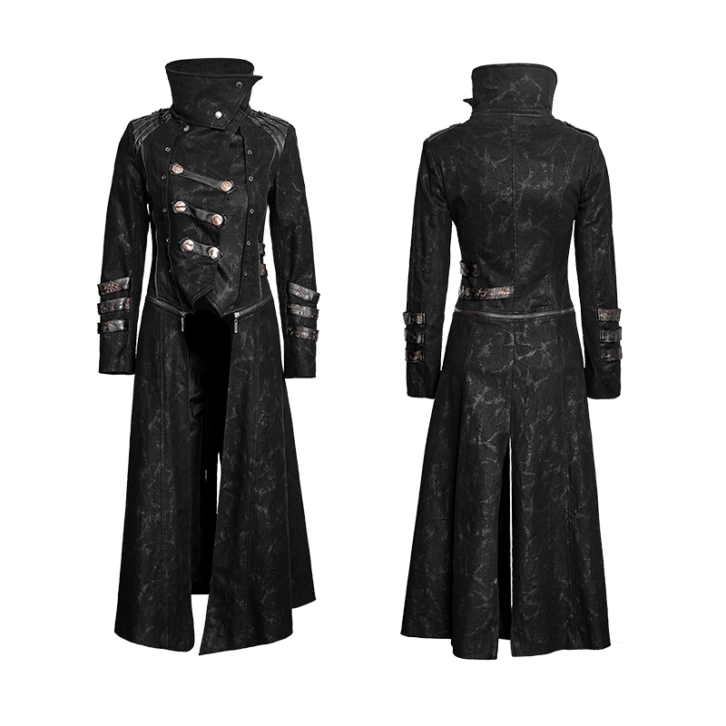 Women's gothic black leather-look long coat with stand collar and silver accents, perfect for making a bold fashion statement.