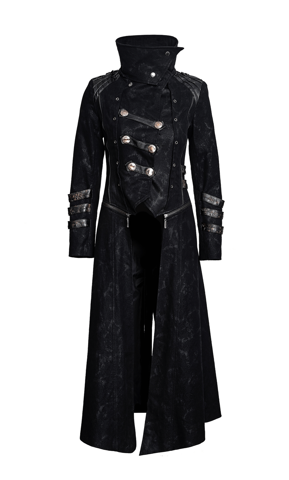 Women's black leather-look long coat with silver accents and stand collar for gothic style.