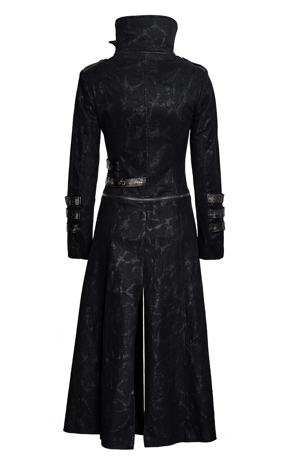 Back view of women's black leather-look long coat with silver accents and stand collar, perfect for gothic fashion.