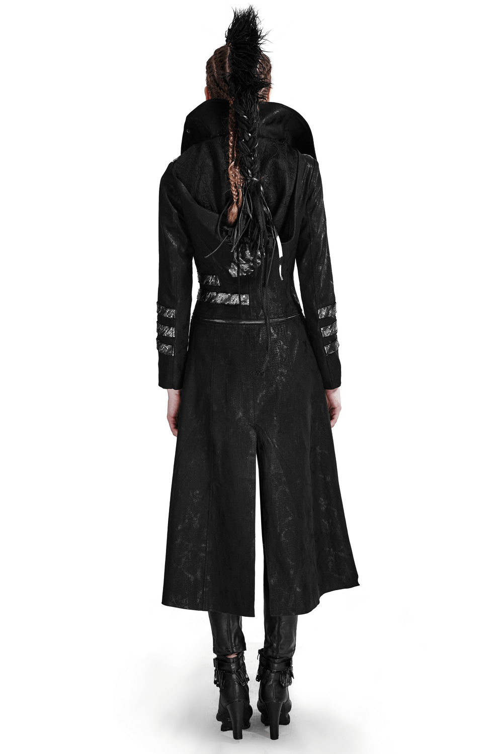 Back view of Women's Black Leather-Look Long Coat with stand collar and silver accents in gothic fashion.
