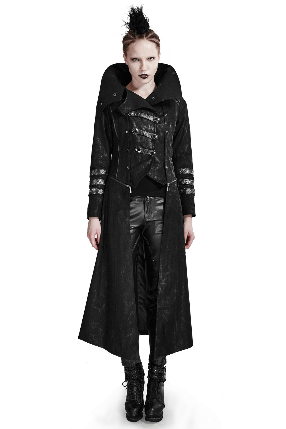Gothic women's long black leather-look coat with oversized collar and silver accents, perfect for edgy fashion lovers.