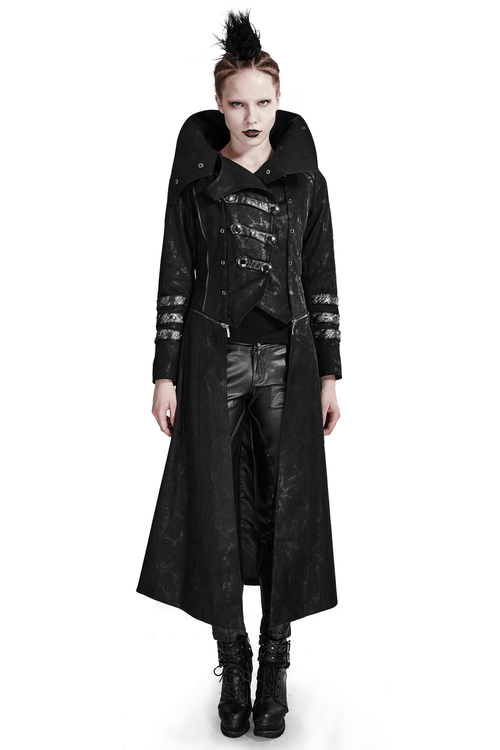 Women's Black Leather-Look Long Coat with Stand Collar