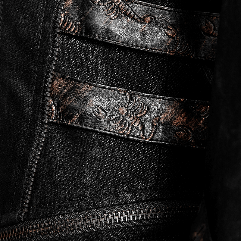 Close-up of intricate scorpion embroidery on a black leather-look jacket highlighting gothic style details.