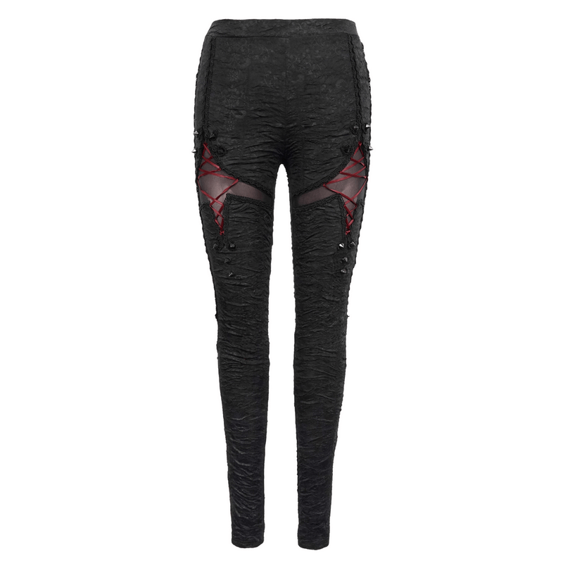 Women's black gothic leggings with red lacing and torn inserts for a trendy skinny fit.