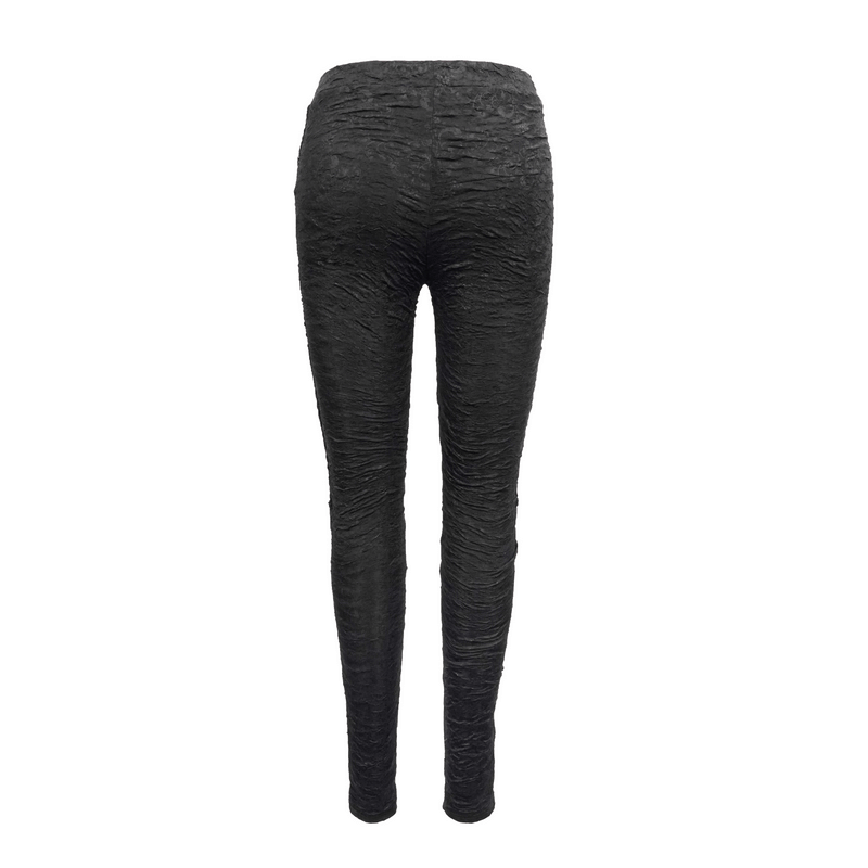 Back view of women's black gothic leggings with textured design and form-fitting cut.