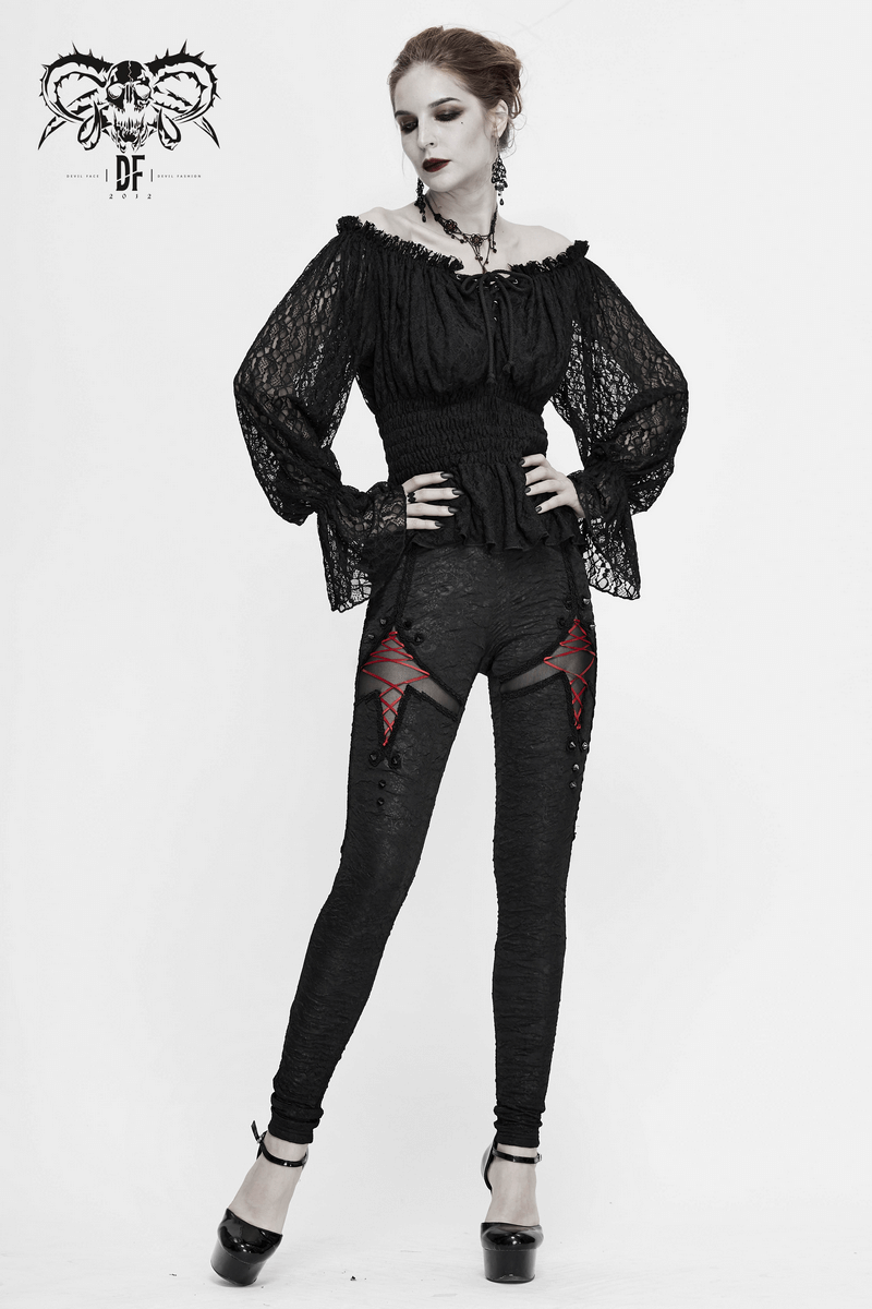 Gothic style women's black leggings with red lacings, paired with a black off-the-shoulder top and heels.