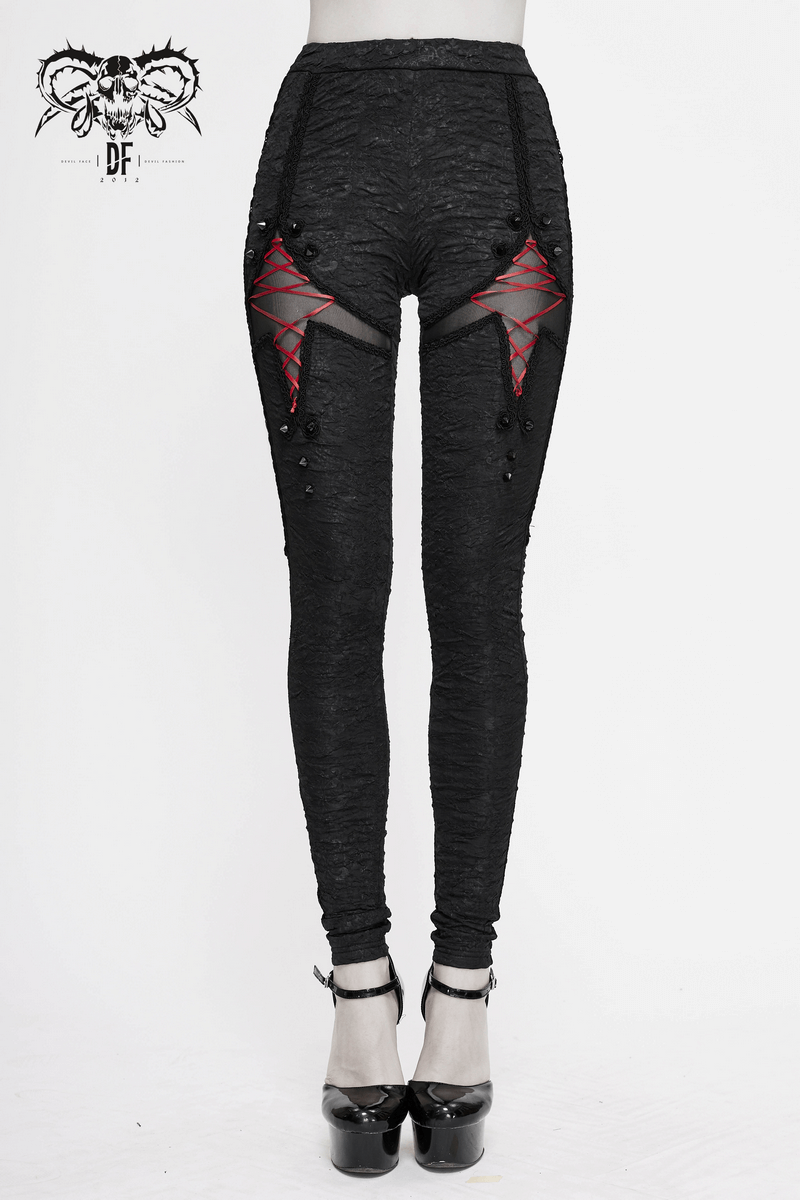 Women's black gothic leggings with red lacing details and elastic waist, perfect for trendy outfits.