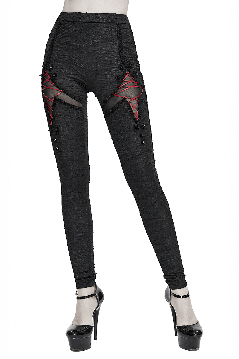 Women's Black Leggings with Red Lacings / Elastic Waist Skinny Pants in Gothic Style - HARD'N'HEAVY