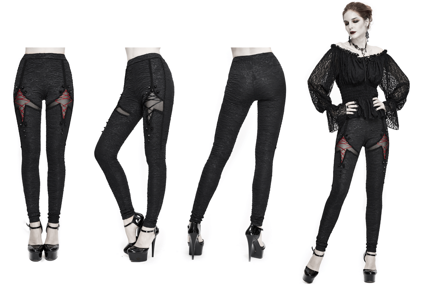 Stylish women's black gothic leggings with red lacing and torn inserts, perfect for creating trendy outfits.
