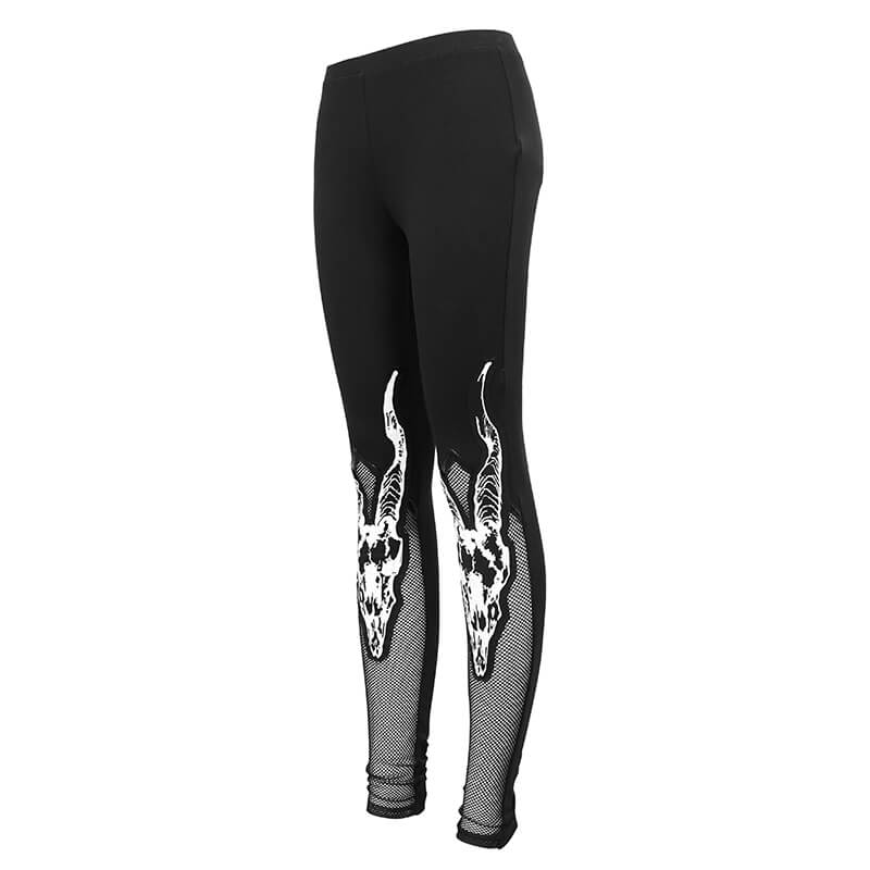 Stylish women's black leggings with white goat skull print and mesh insert for a trendy punk look.