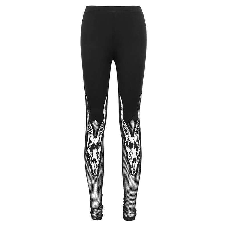 Women's black leggings with white goat skull print and mesh inserts for a trendy punk style.