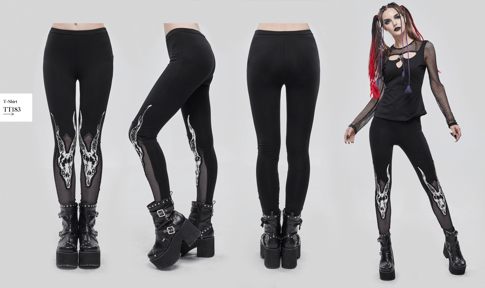 Stylish women's black leggings featuring white goat skull print and mesh inserts, perfect for punk fashion enthusiasts.