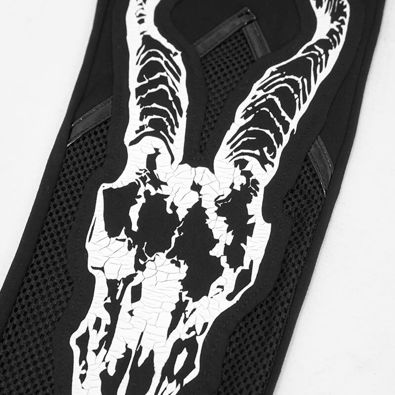 Close-up of black leggings featuring a striking white Baphomet print and stylish mesh insert for a punk-inspired look.