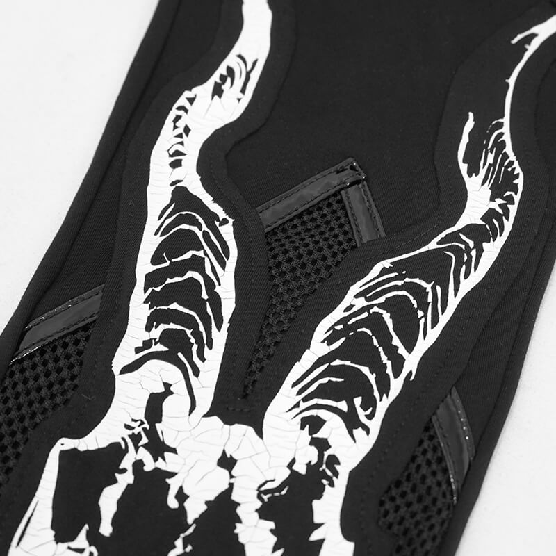 Close-up of women's black leggings featuring a striking white Baphomet print and stylish mesh insert.