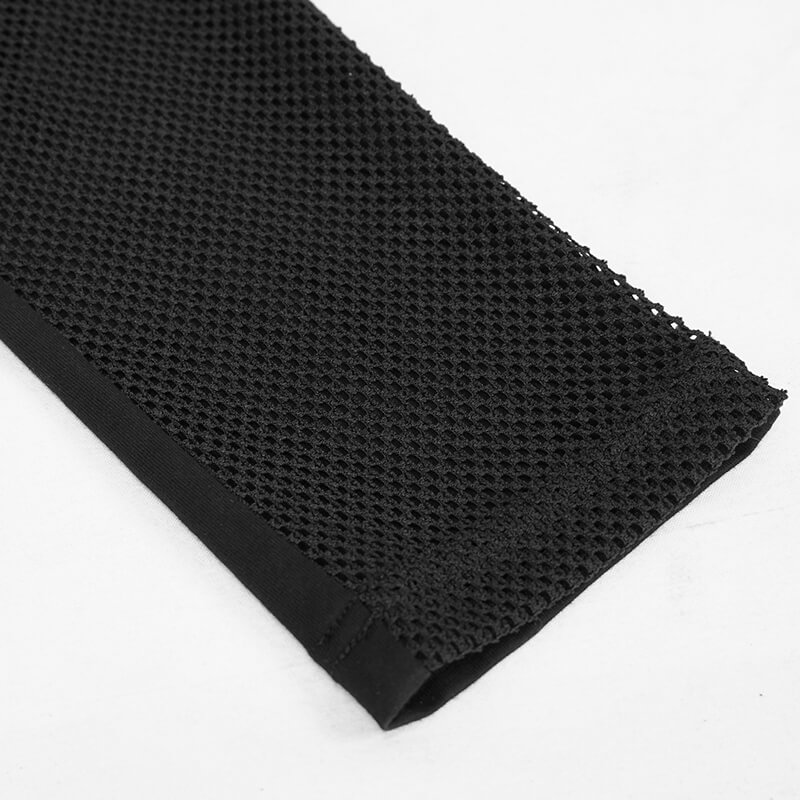 Close-up of black mesh fabric legging detail, perfect for stylish punk fashion with added breathability.