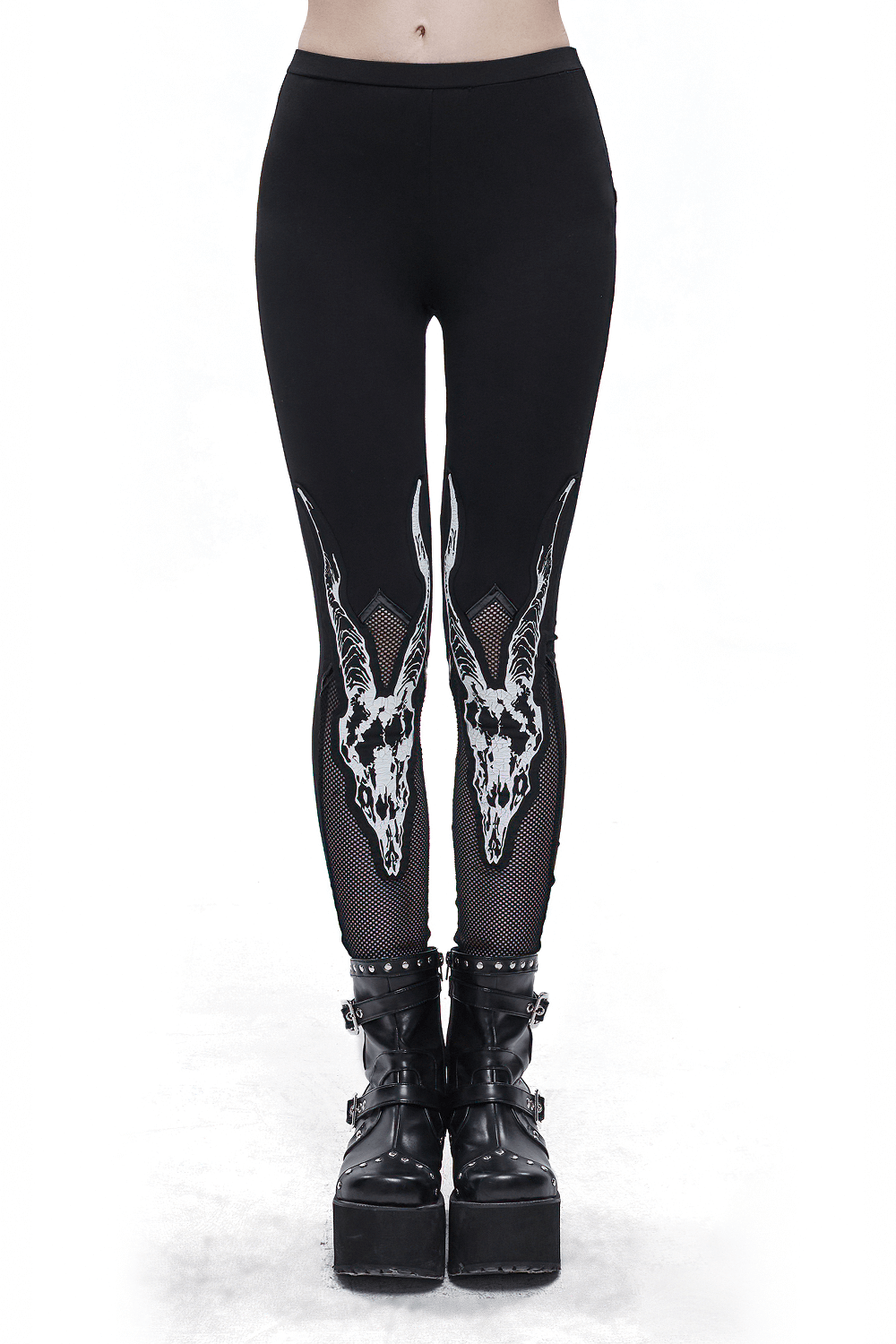 Stylish women's black leggings with white goat skull print and mesh insert, perfect for a punk fashion statement.