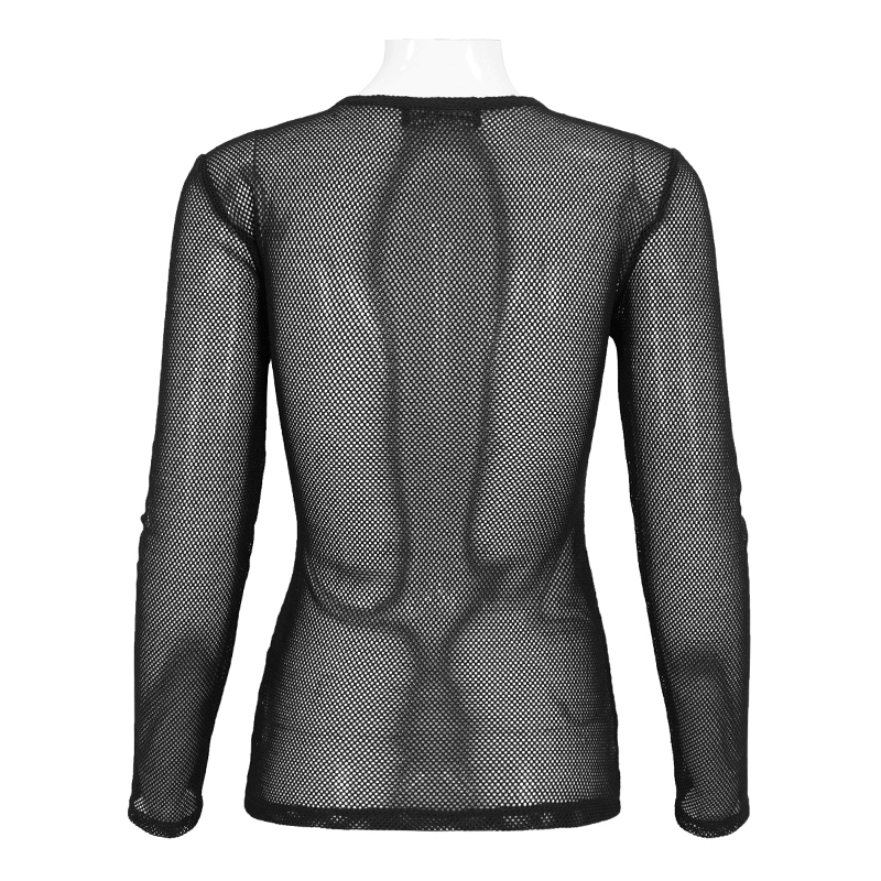 Back view of women's black long-sleeved sheer mesh top, showcasing gothic style and trendy design.