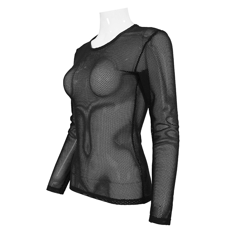 Women's black long-sleeved sheer mesh top, stylish gothic design for trendy ladies fashion.