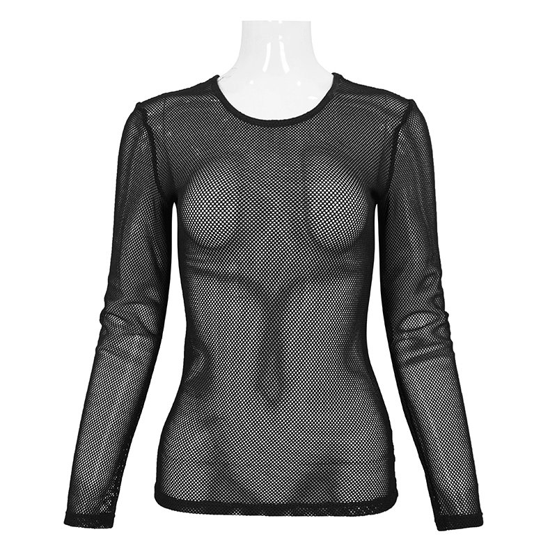 Women's black long-sleeved sheer mesh top in gothic style, showcasing trendy and sexy design.