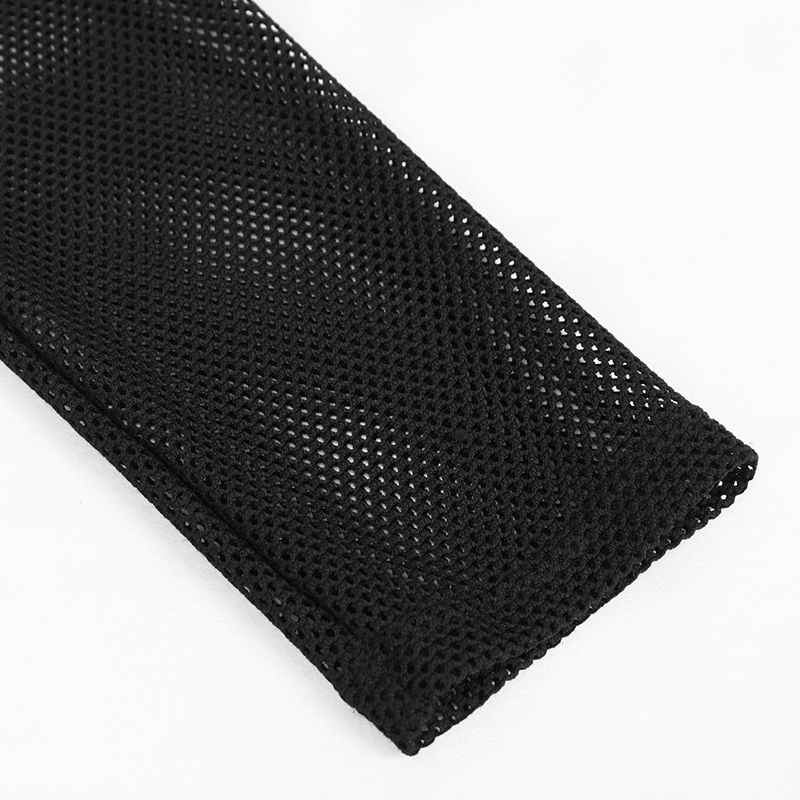 Close-up of black sheer mesh fabric showcasing its soft texture and trendy design for women's gothic style top.
