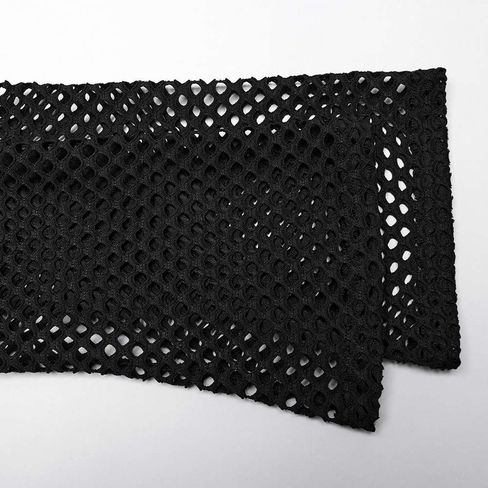 Black mesh fabric showcasing a layered design, perfect for edgy, alternative fashion styling.