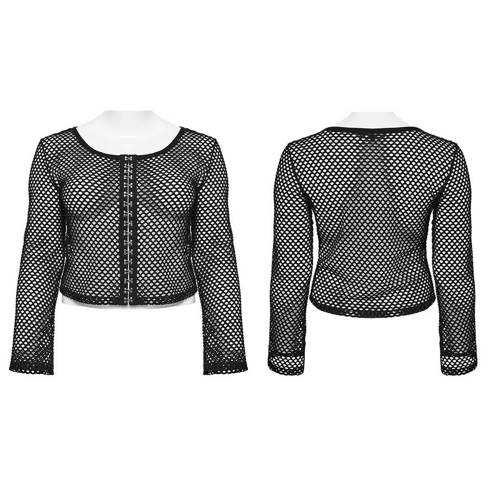 Women's black mesh layered zip top with long sleeves, featuring edgy webbing hooks for a bold punk style.