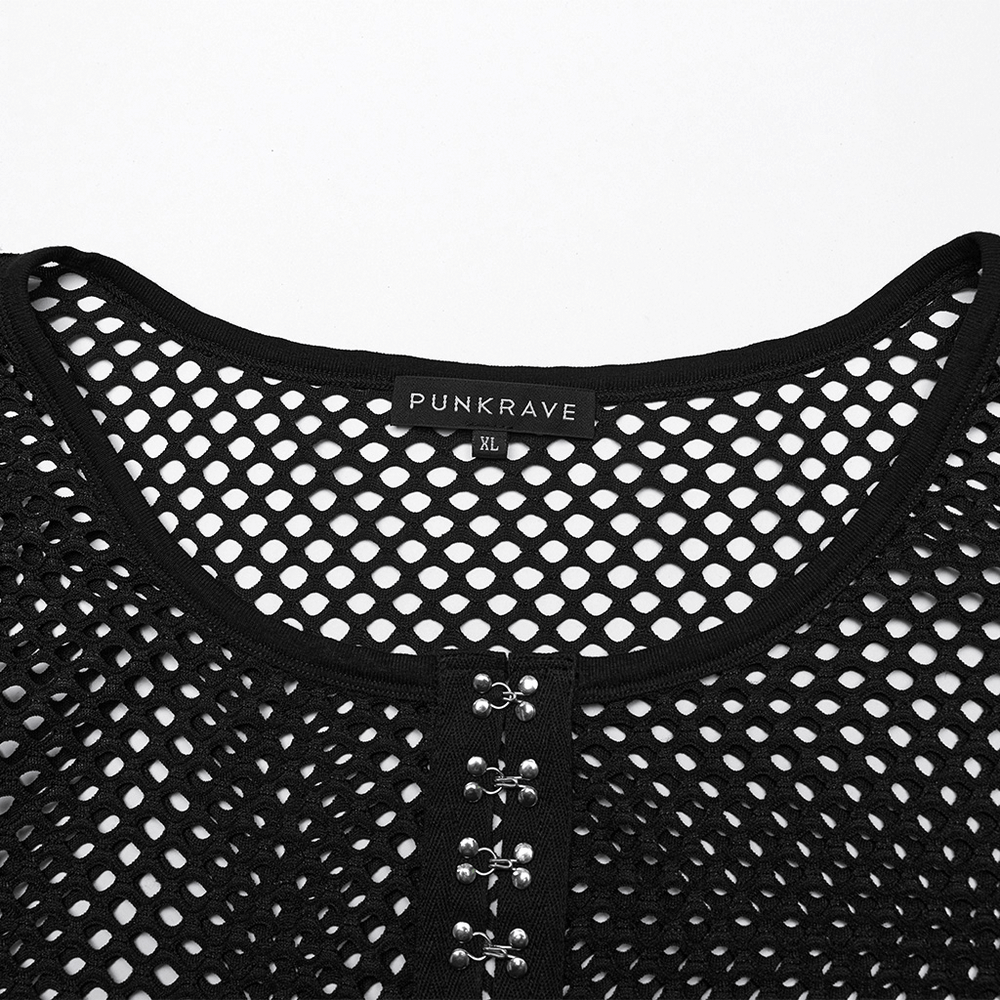 Close-up of Women's Black Mesh Layered Zip Top showcasing edgy design and front webbing hooks.