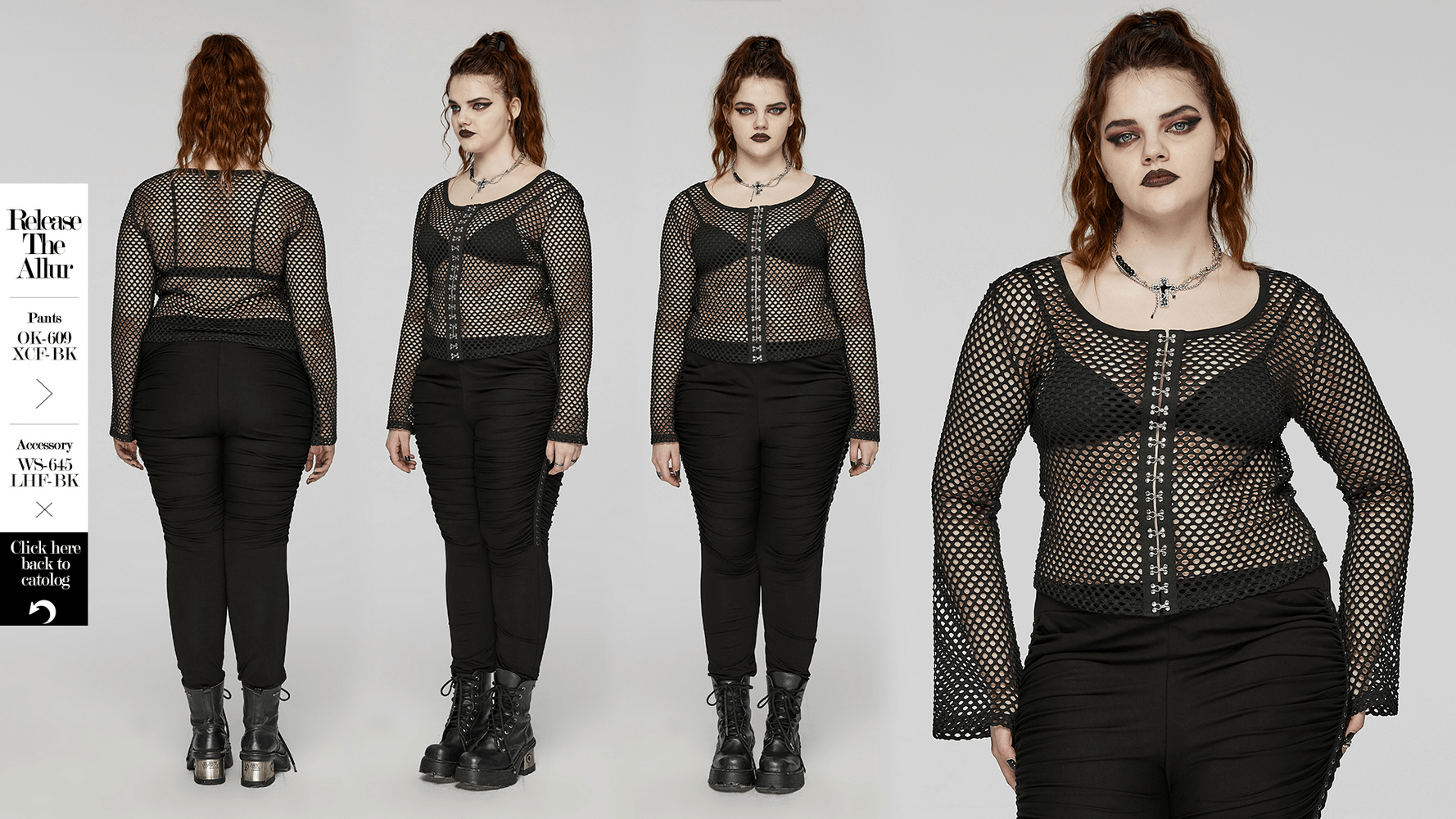 Women's black mesh layered zip top with long sleeves, featuring edgy design and practical webbing hooks.