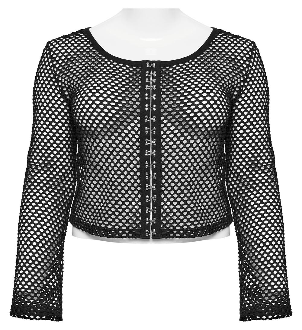Women's black mesh zip top with long sleeves, edgy design featuring webbing hooks for alternative fashion.