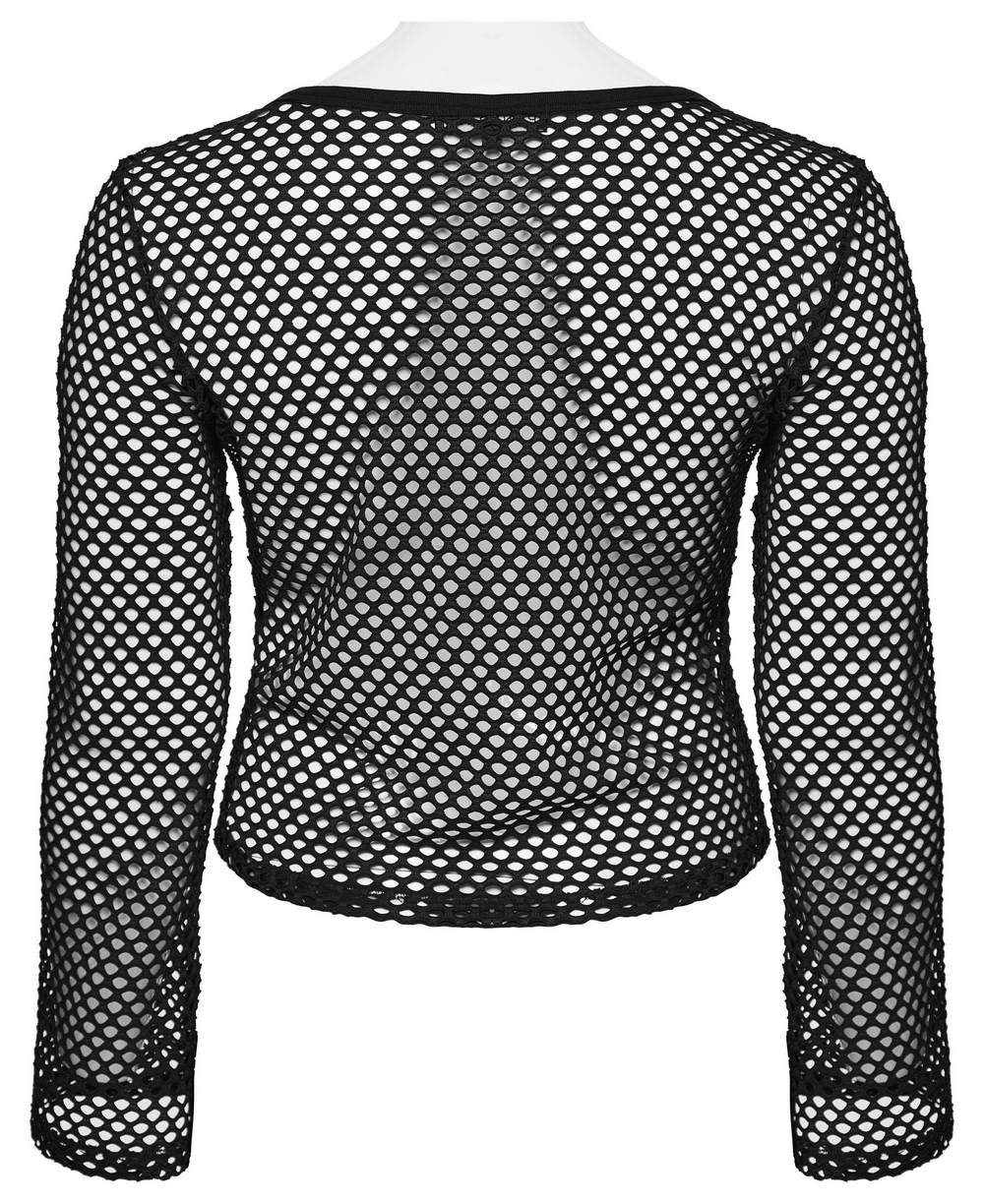 Women's black mesh layered zip top, long sleeves, edgy punk fashion, stylish and breathable design.