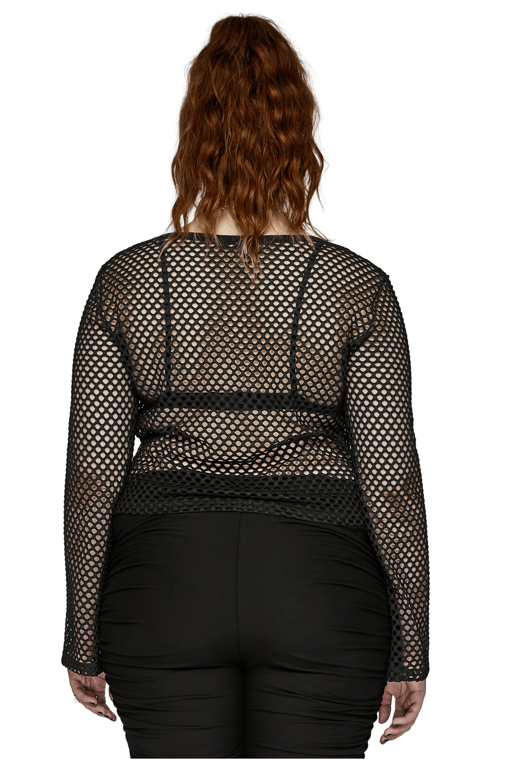 Back view of Women's Black Mesh Layered Zip Top with Long Sleeves showcasing edgy mesh design and long sleeves.