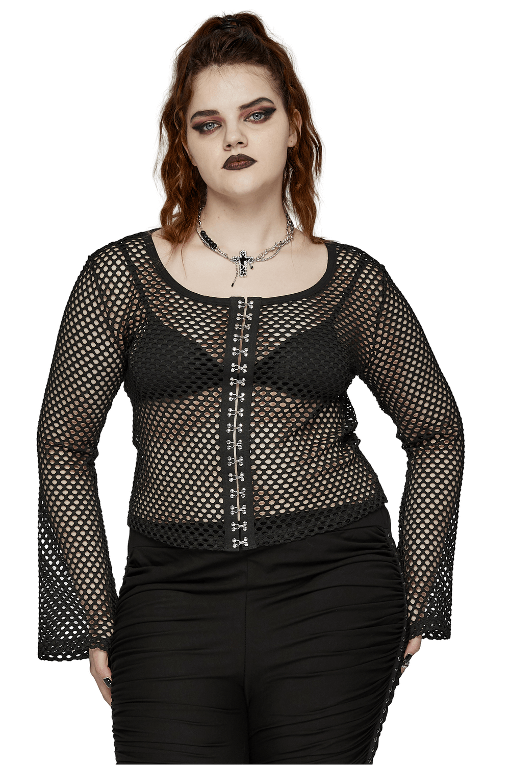 Bold women's black mesh zip top with long sleeves and webbing hooks, perfect for punk fashion layering.