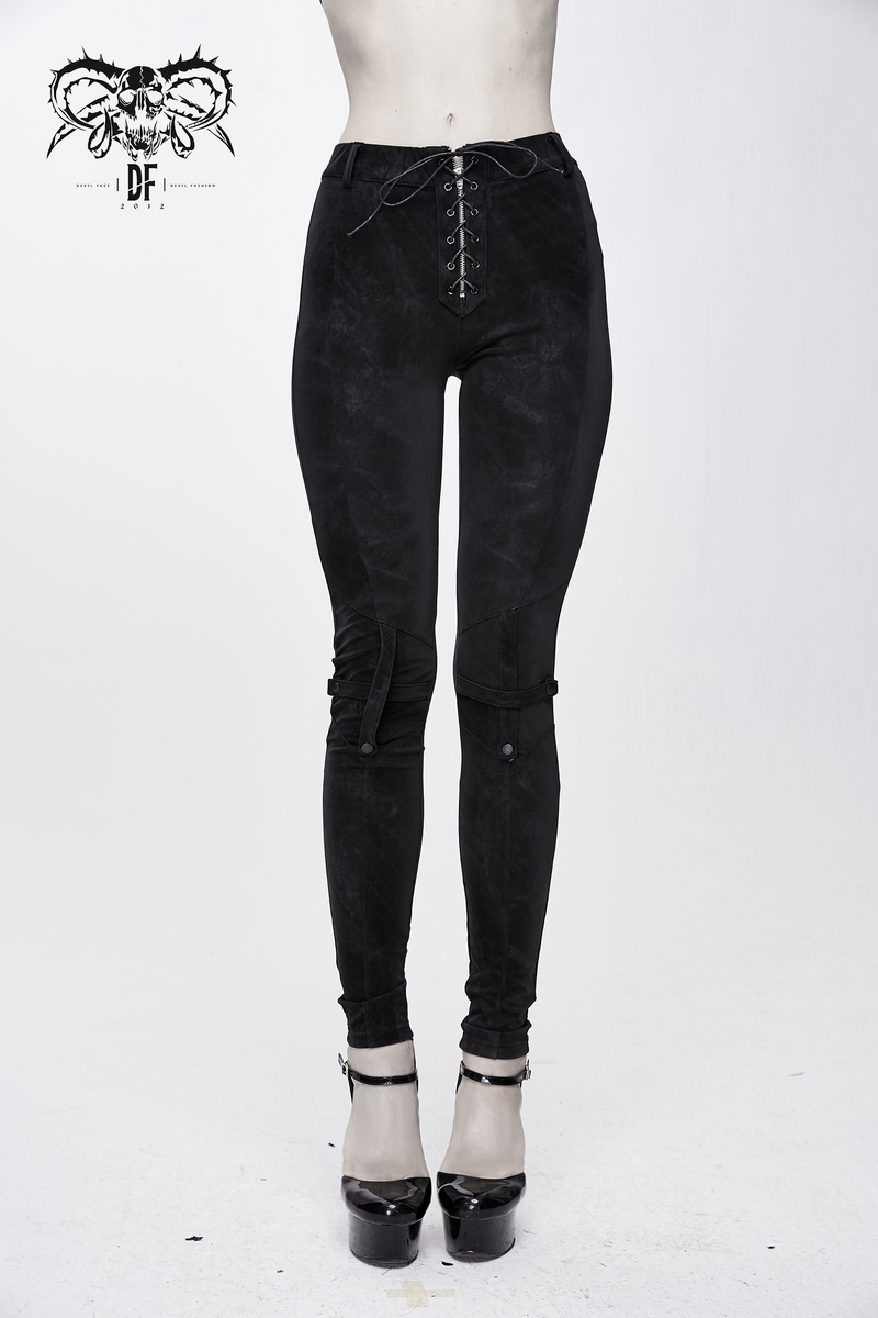 Women's Black Pants with Detachable Waistband and Pockets / Gothic Lace up Skinny Pants - HARD'N'HEAVY