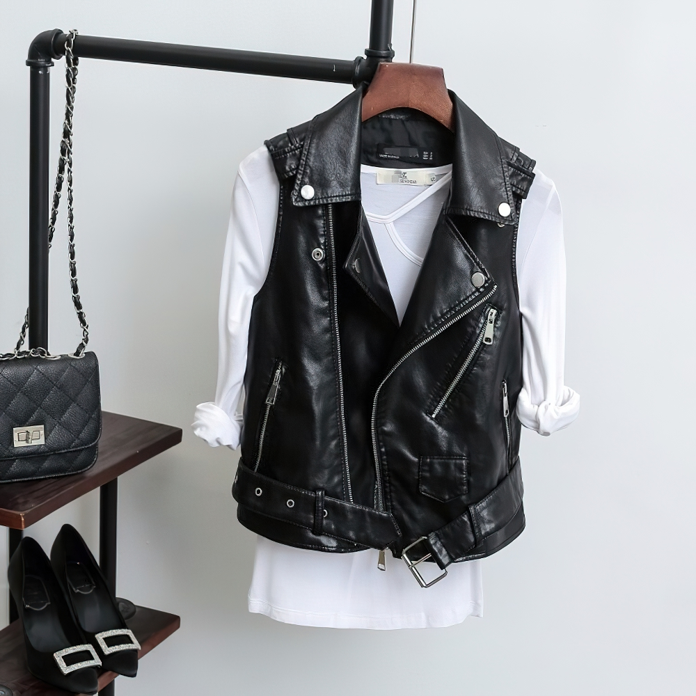 Women's Black PU Leather Zipper Vest / Fashion Female Short Slim Vests in Punk Style - HARD'N'HEAVY