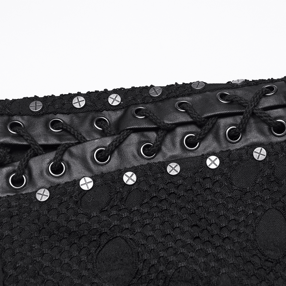 Alt Tag: Women's Black Punk Mesh Lace-Up Distressed Hot Shorts close-up of black mesh lace-up detail with metal grommets and studs
