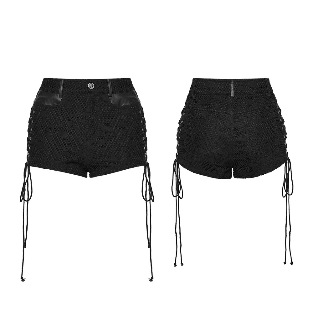 Alt Tag: Women's Black Punk Mesh Lace-Up Distressed Hot Shorts front and back view with lace-up side slits, edgy clubwear vibes