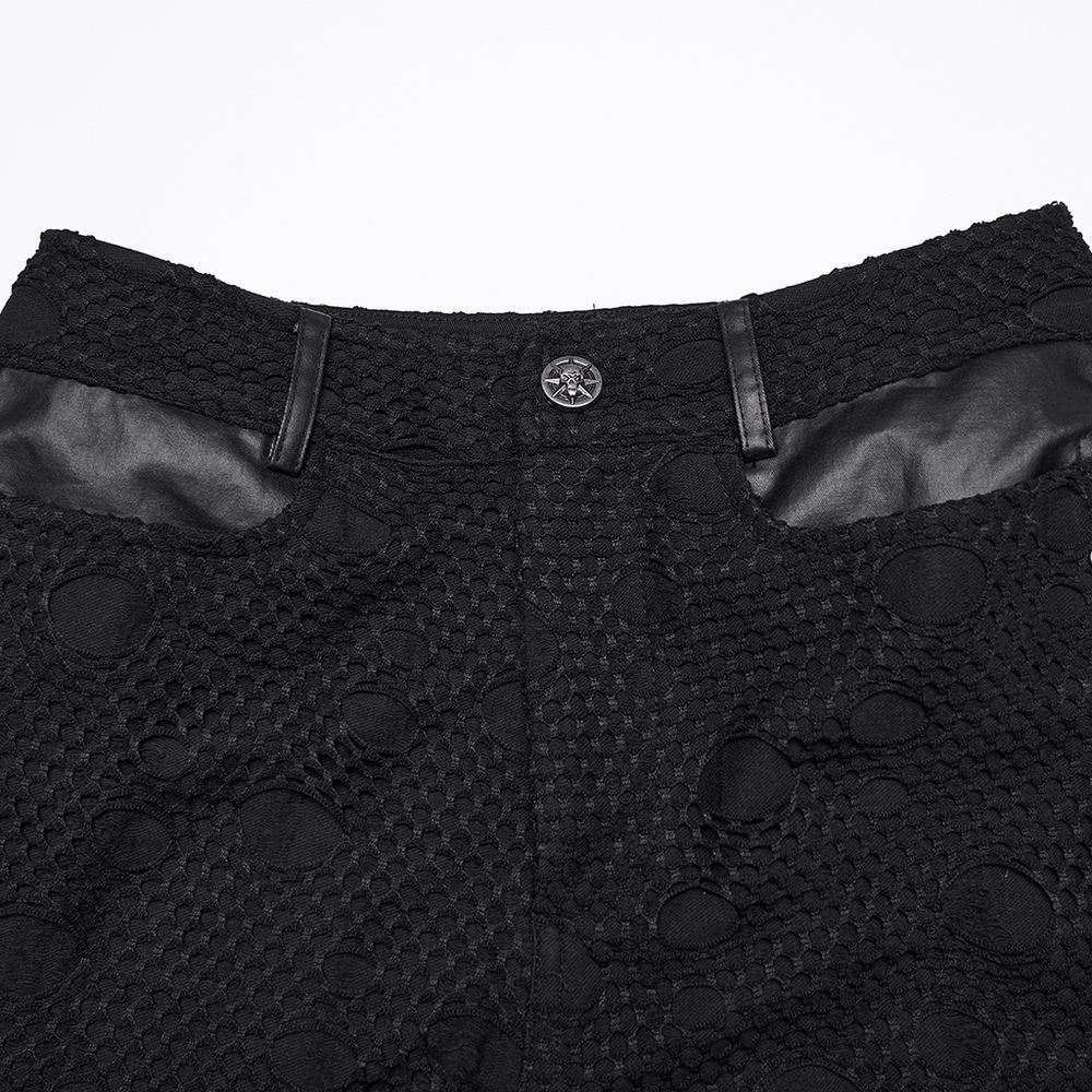 Alt Tag: Women's Black Punk Mesh Lace-Up Distressed Hot Shorts close-up, textured black mesh fabric waistband with button detail