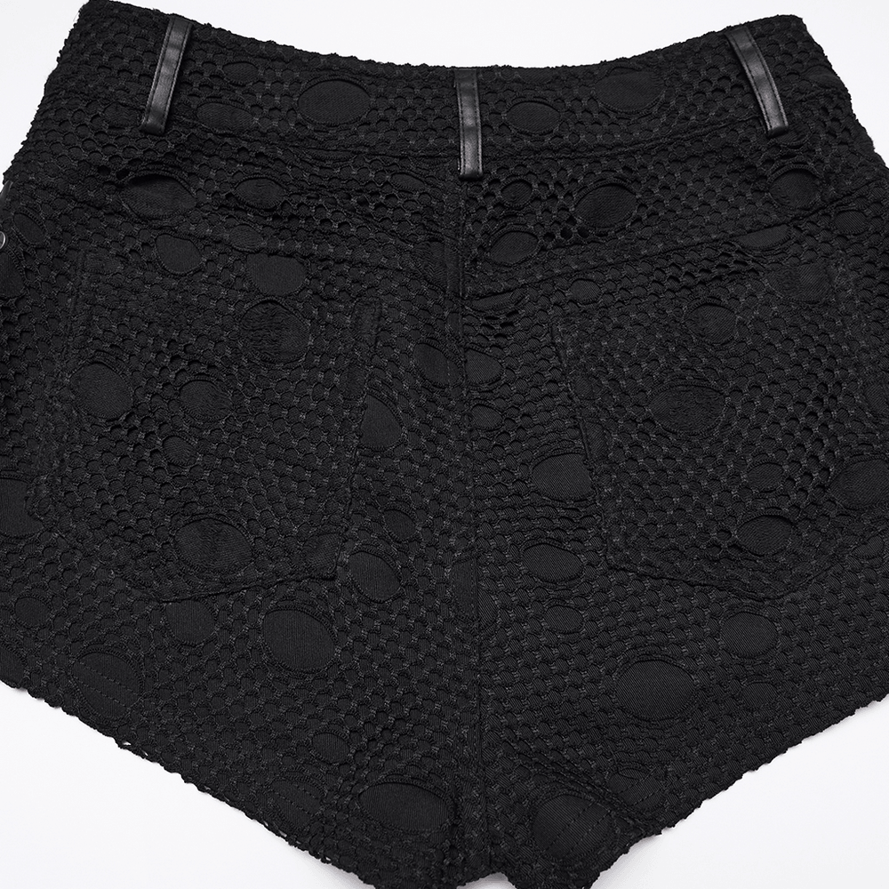 Alt Tag: Women's Black Punk Mesh Lace-Up Distressed Hot Shorts back view with textured distressed mesh, belt loops, edgy punk clubwear vibe
