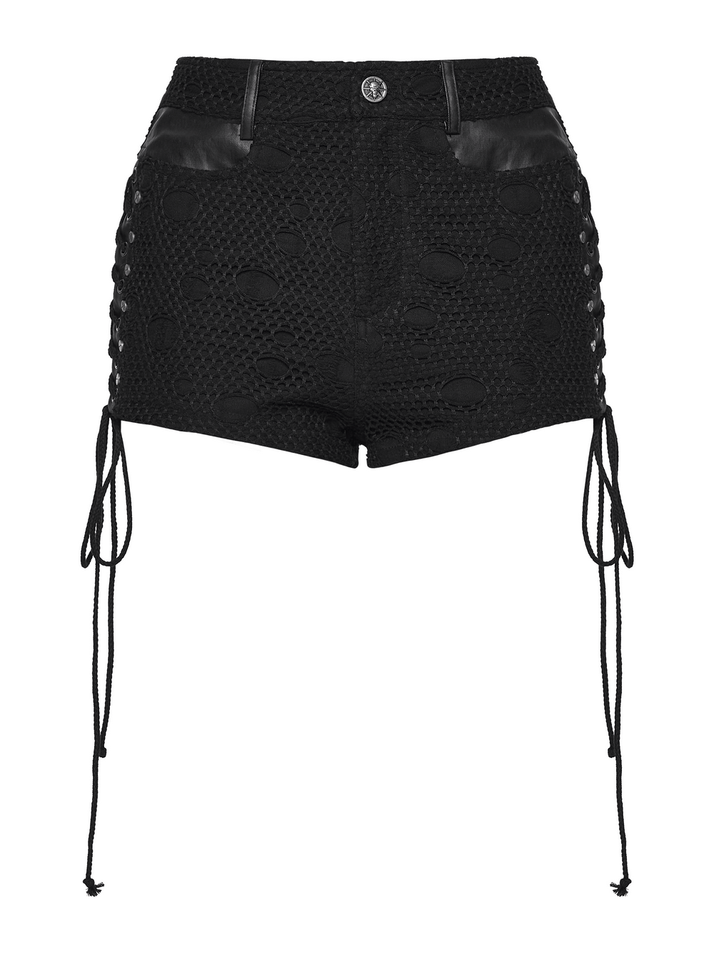 Alt Tag: Women's Black Punk Mesh Lace-Up Distressed Hot Shorts with distressed mesh, lace-up side slits & dangling drawstrings