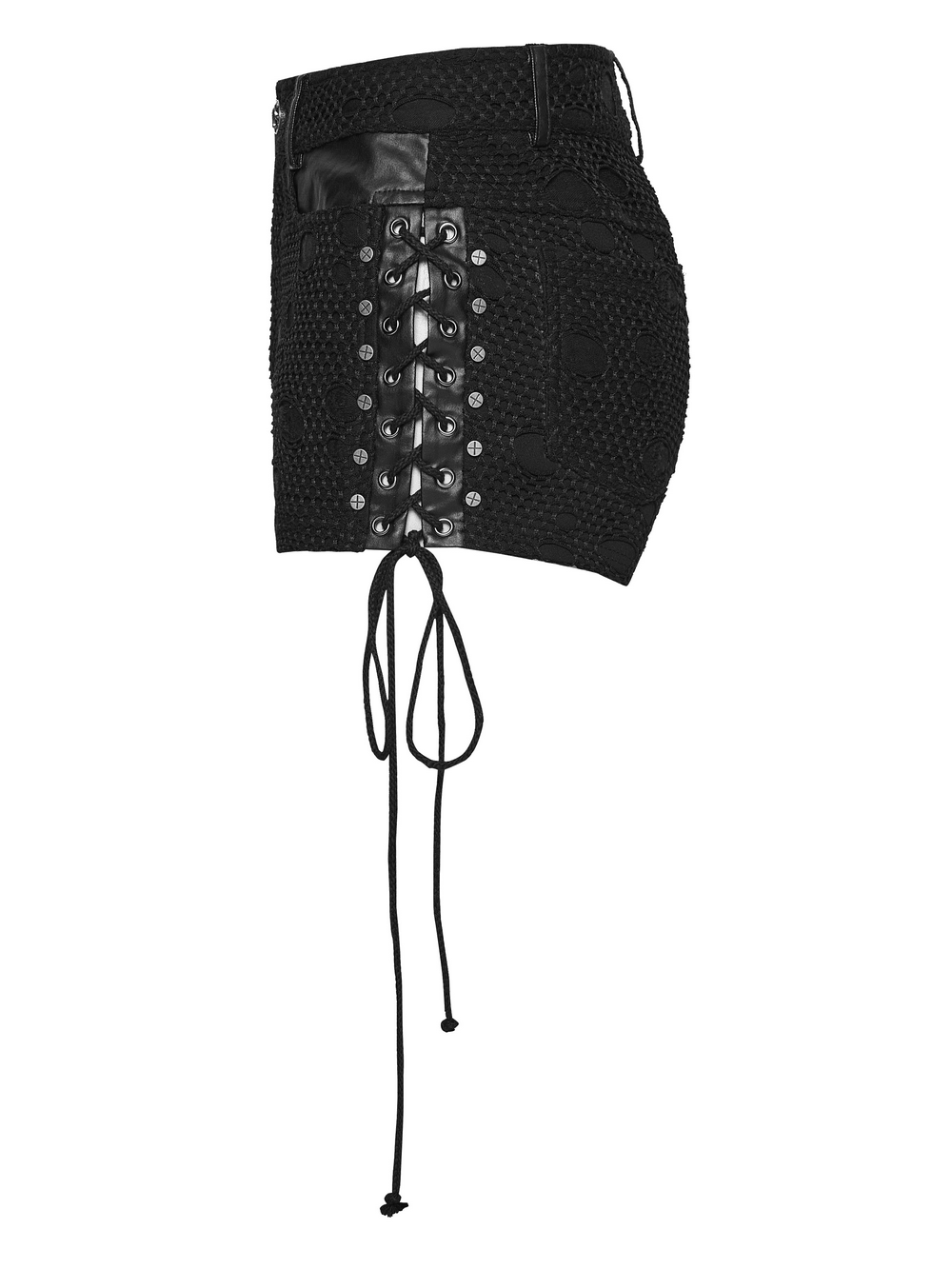 Alt Tag: Women's Black Punk Mesh Lace-Up Distressed Hot Shorts with studded lace-up side slit and long drawstrings, black textured mesh