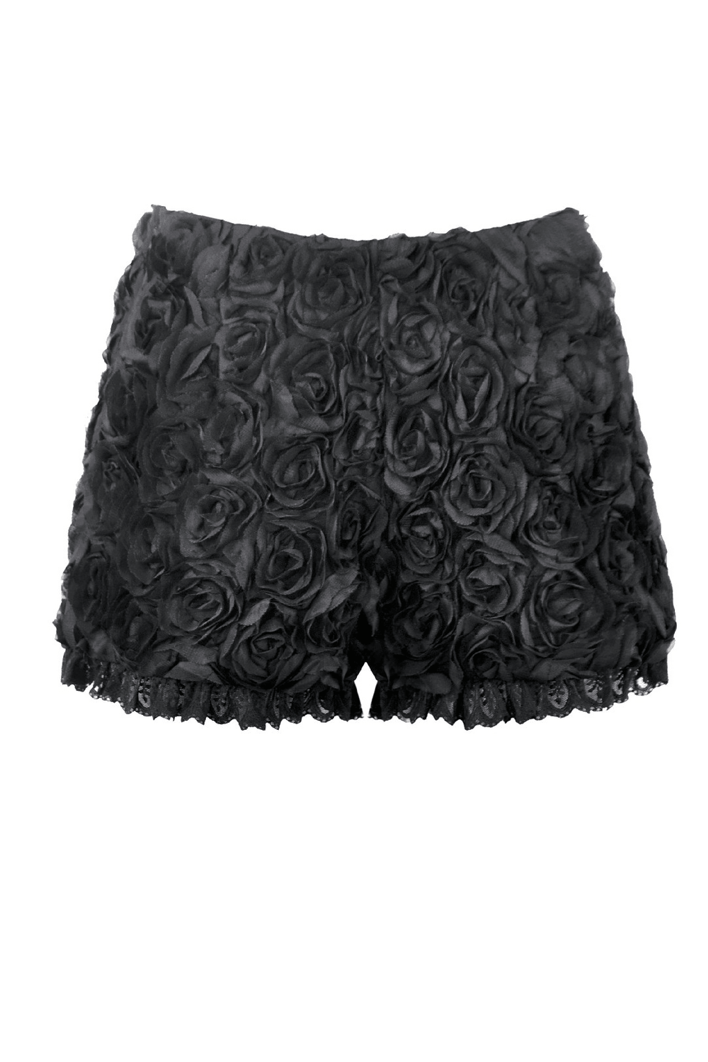 Women's Black Rose Textured Lace Trim Gothic Shorts with floral applique and lace hem.
