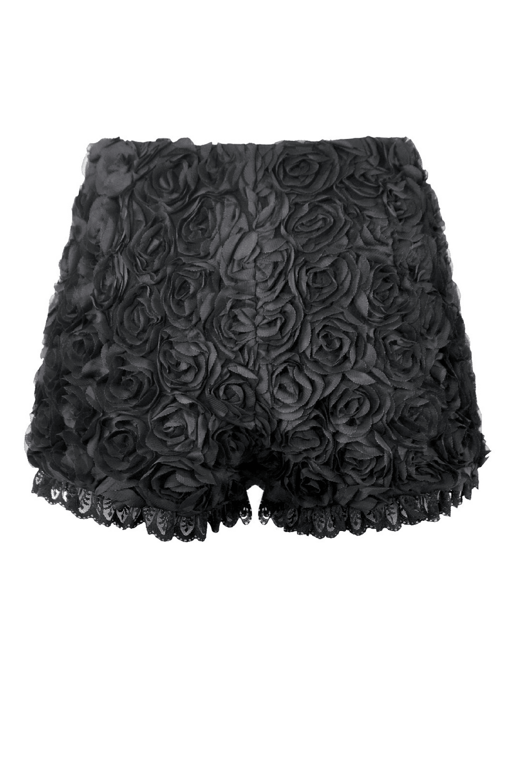 Women's Black Rose Textured Lace Trim Gothic Shorts with floral applique and lace hem detailing.