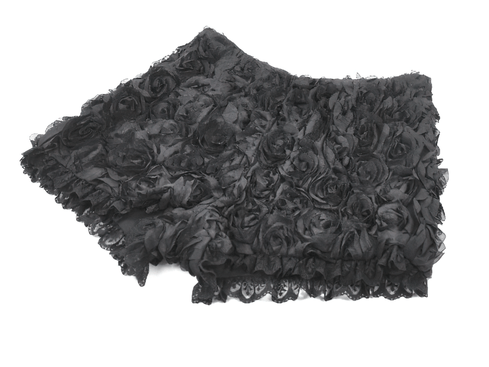 Women's Black Rose Textured Lace Trim Gothic Shorts featuring raised rose appliques and lace hem.