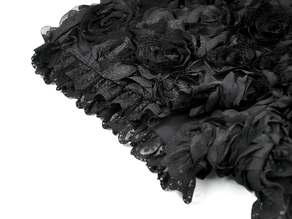 Women's Black Rose Textured Lace Trim Gothic Shorts with floral applique and lace hem detail.