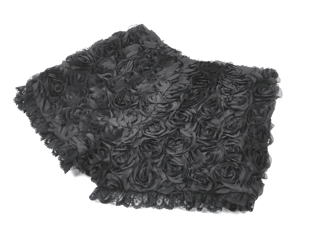 Women's Black Rose Textured Lace Trim Gothic Shorts with a floral textured design and lace hem.